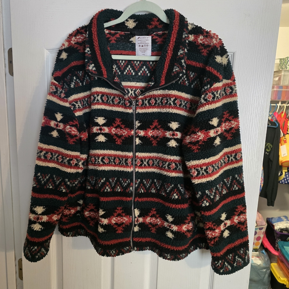 Cozy Patterned Jacket - Black, Red, Cream